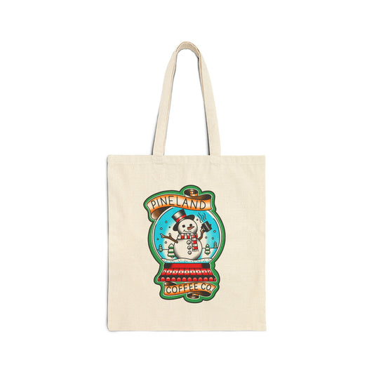 Tote — 'Pineland Coffee Co.' Snow Globe Snowman Cotton Canvas Tote