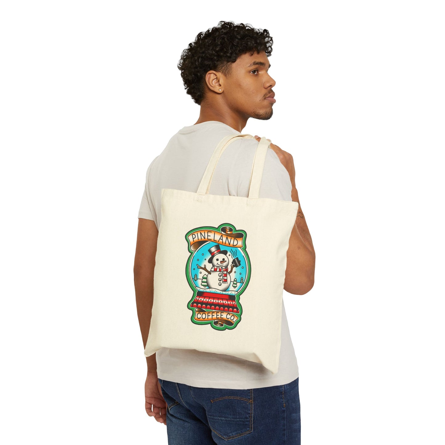 Tote — 'Pineland Coffee Co.' Snow Globe Snowman Cotton Canvas Tote